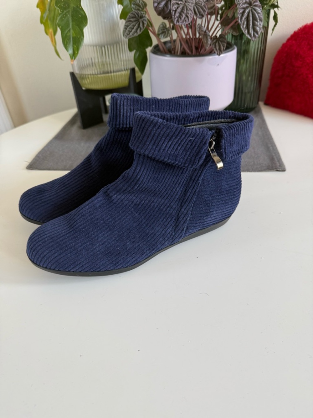Beacon Navy Corduroy Ankle Booties with Side Zip